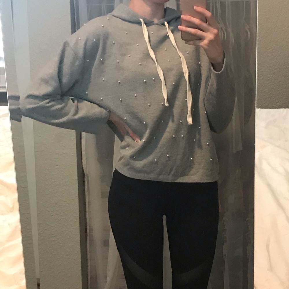 Zara Pearl Beaded Gray Hooded Sweater